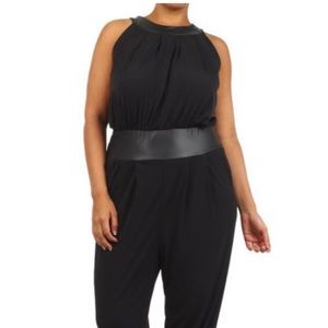 Plus Size Black Faux Leather Trim Jumpsuit